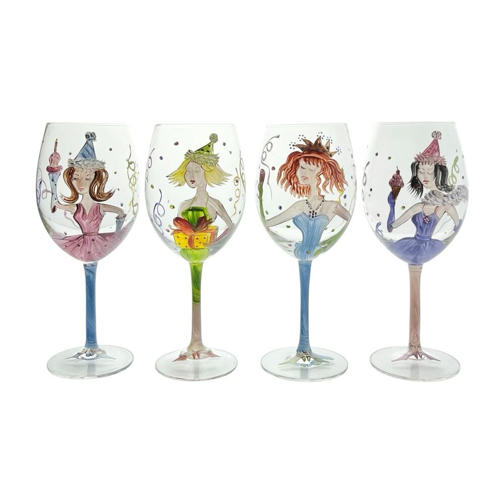 Bottom’s Up Set of 4 Girls Party Theme Handpainted Wine Glasses 9” 20oz